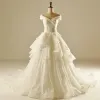 Chic / Beautiful Hall Wedding Dresses 2017 Lace Appliques Crystal Rhinestone Off-The-Shoulder Short Sleeve Backless Cathedral Train Ivory Ball Gown