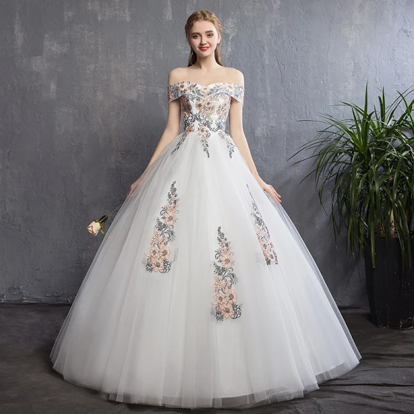 Discount Colored Ivory Wedding Dresses 2018 A-Line / Princess Off-The-Shoulder Short Sleeve Backless Appliques Lace Ruffle Floor-Length / Long