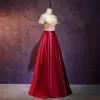 Modern / Fashion Gold Red See-through Evening Dresses  2018 A-Line / Princess High Neck Short Sleeve Sash Floor-Length / Long Ruffle Glitter Formal Dresses