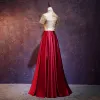 Modern / Fashion Gold Red See-through Evening Dresses  2018 A-Line / Princess High Neck Short Sleeve Sash Floor-Length / Long Ruffle Glitter Formal Dresses