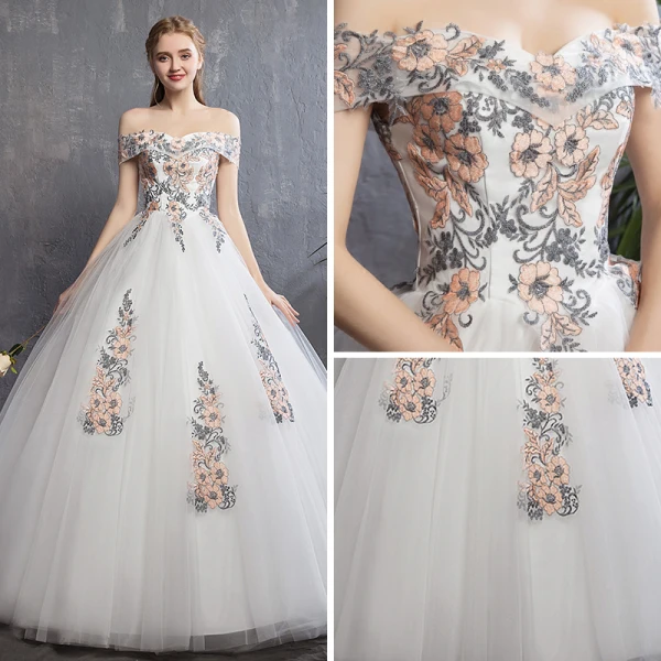 Discount Colored Ivory Wedding Dresses 2018 A-Line / Princess Off-The-Shoulder Short Sleeve Backless Appliques Lace Ruffle Floor-Length / Long