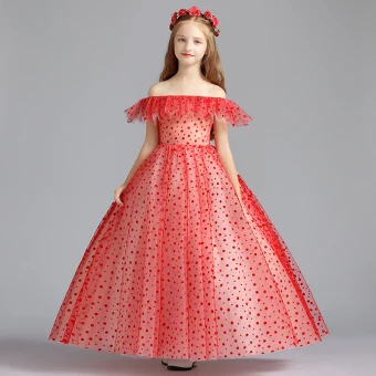 Charmant Rouge Robe Ceremonie Fille 2019 Princesse De L Épaule Manches Courtes Tachetée Tulle Longue Volants Dos Nu Robe Pour Mariage