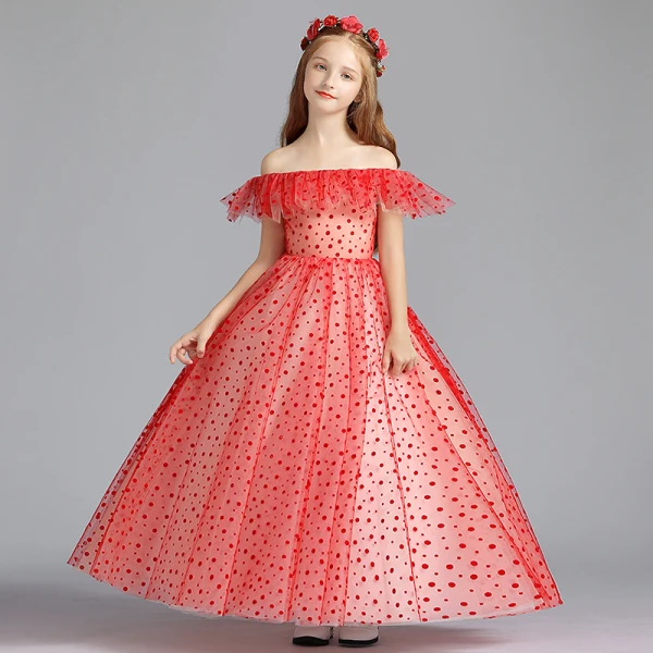 Lovely Red Flower Girl Dresses 2019 A-Line / Princess Off-The-Shoulder Short Sleeve Spotted Tulle Floor-Length / Long Ruffle Backless Wedding Party Dresses