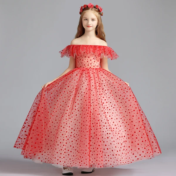 Lovely Red Flower Girl Dresses 2019 A-Line / Princess Off-The-Shoulder Short Sleeve Spotted Tulle Floor-Length / Long Ruffle Backless Wedding Party Dresses