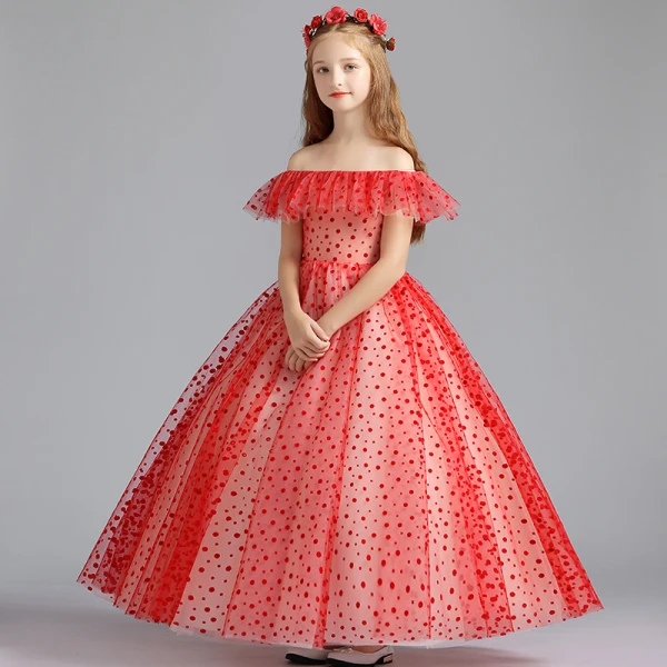 Lovely Red Flower Girl Dresses 2019 A-Line / Princess Off-The-Shoulder Short Sleeve Spotted Tulle Floor-Length / Long Ruffle Backless Wedding Party Dresses