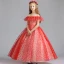 Lovely Red Flower Girl Dresses 2019 A-Line / Princess Off-The-Shoulder Short Sleeve Spotted Tulle Floor-Length / Long Ruffle Backless Wedding Party Dresses