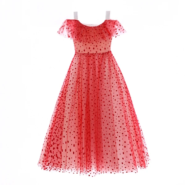 Lovely Red Flower Girl Dresses 2019 A-Line / Princess Off-The-Shoulder Short Sleeve Spotted Tulle Floor-Length / Long Ruffle Backless Wedding Party Dresses