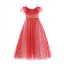 Lovely Red Flower Girl Dresses 2019 A-Line / Princess Off-The-Shoulder Short Sleeve Spotted Tulle Floor-Length / Long Ruffle Backless Wedding Party Dresses