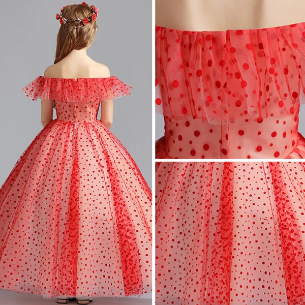Lovely Red Flower Girl Dresses 2019 A-Line / Princess Off-The-Shoulder Short Sleeve Spotted Tulle Floor-Length / Long Ruffle Backless Wedding Party Dresses