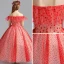 Lovely Red Flower Girl Dresses 2019 A-Line / Princess Off-The-Shoulder Short Sleeve Spotted Tulle Floor-Length / Long Ruffle Backless Wedding Party Dresses
