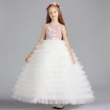 Chic Belle Ivoire Robe Ceremonie Fille 2019 Robe Boule Encolure Dégagée Sans Manches Appliques Fleur Perlage Longue Volants En Cascade Robe Pour Mariage