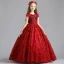 Best Burgundy Flower Girl Dresses 2019 A-Line / Princess Scoop Neck Cap Sleeves Pearl Sequins Pierced Polyester Floor-Length / Long Ruffle Wedding Party Dresses