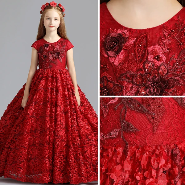 Best Burgundy Flower Girl Dresses 2019 A-Line / Princess Scoop Neck Cap Sleeves Pearl Sequins Pierced Polyester Floor-Length / Long Ruffle Wedding Party Dresses