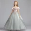 Chic / Beautiful Grey Flower Girl Dresses 2019 A-Line / Princess Shoulders Off-The-Shoulder Short Sleeve Appliques Lace Pearl Floor-Length / Long Ruffle Backless Wedding Party Dresses
