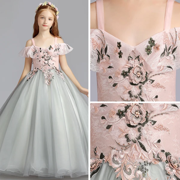Chic / Beautiful Grey Flower Girl Dresses 2019 A-Line / Princess Shoulders Off-The-Shoulder Short Sleeve Appliques Lace Pearl Floor-Length / Long Ruffle Backless Wedding Party Dresses