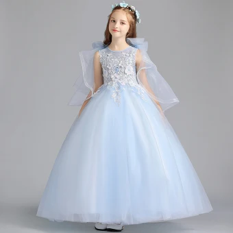 Chic Belle Bleu Ciel Robe Ceremonie Fille 2019 Princesse Encolure Dégagée Sans Manches Appliques Fleur Perlage Longue Volants Robe Pour Mariage