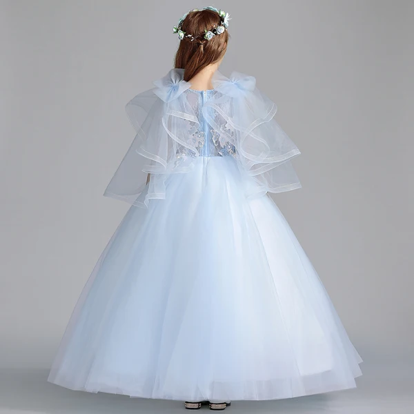 Chic / Beautiful Sky Blue Flower Girl Dresses 2019 A-Line / Princess Scoop Neck Sleeveless Appliques Flower Beading Floor-Length / Long Ruffle Wedding Party Dresses