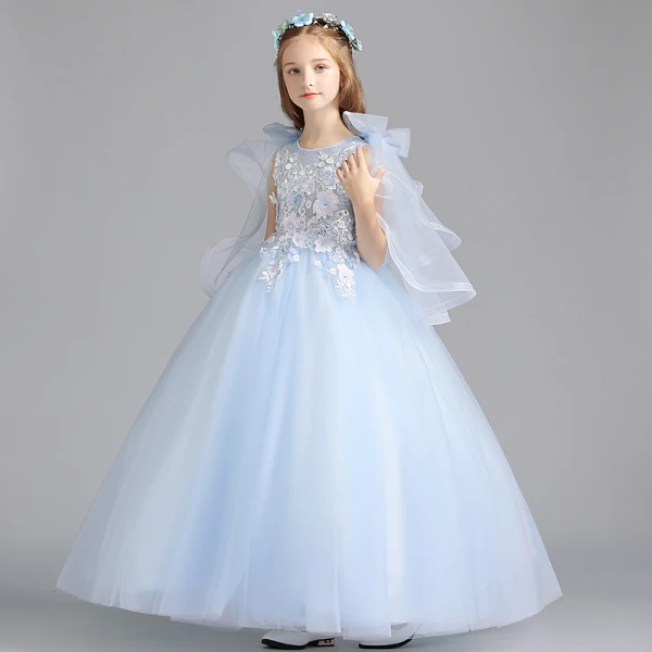 Chic / Beautiful Sky Blue Flower Girl Dresses 2019 A-Line / Princess Scoop Neck Sleeveless Appliques Flower Beading Floor-Length / Long Ruffle Wedding Party Dresses