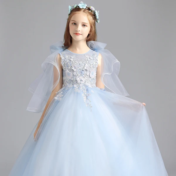 Chic / Beautiful Sky Blue Flower Girl Dresses 2019 A-Line / Princess Scoop Neck Sleeveless Appliques Flower Beading Floor-Length / Long Ruffle Wedding Party Dresses