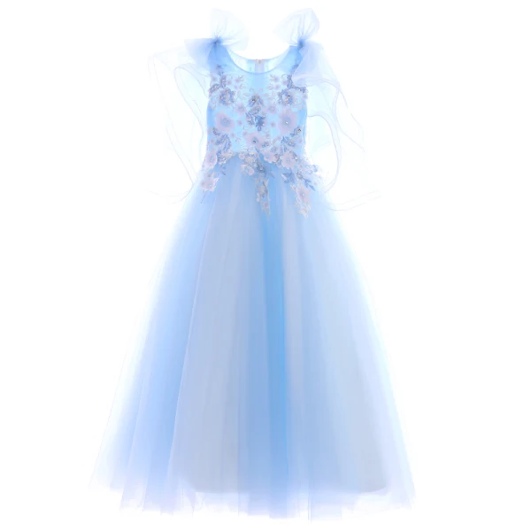 Chic / Beautiful Sky Blue Flower Girl Dresses 2019 A-Line / Princess Scoop Neck Sleeveless Appliques Flower Beading Floor-Length / Long Ruffle Wedding Party Dresses