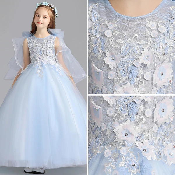 Chic / Beautiful Sky Blue Flower Girl Dresses 2019 A-Line / Princess Scoop Neck Sleeveless Appliques Flower Beading Floor-Length / Long Ruffle Wedding Party Dresses
