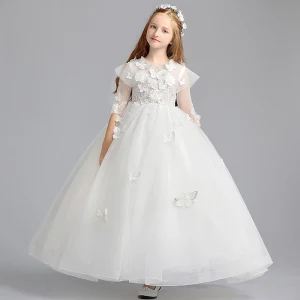 Romantic Ivory Flower Girl Dresses 2019 A Line Princess Scoop Neck 3 4 Sleeve Butterfly Appliques Lace Pearl Floor Length Long Ruffle Wedding Party Dresses