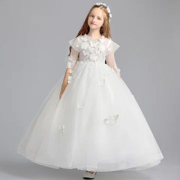Romantic Ivory Flower Girl Dresses 2019 A Line Princess Scoop Neck 3 4 Sleeve Butterfly Appliques Lace Pearl Floor Length Long Ruffle Wedding Party Dresses