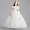 Romantic Ivory Flower Girl Dresses 2019 A-Line / Princess Scoop Neck 3/4 Sleeve Butterfly Appliques Lace Pearl Floor-Length / Long Ruffle Wedding Party Dresses