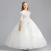 Romantic Ivory Flower Girl Dresses 2019 A-Line / Princess Scoop Neck 3/4 Sleeve Butterfly Appliques Lace Pearl Floor-Length / Long Ruffle Wedding Party Dresses