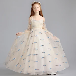 Charmant Champagne Robe Ceremonie Fille 2019 Princesse De L Épaule Épaules 3 4 Manches Brodé Longue Volants Robe Pour Mariage