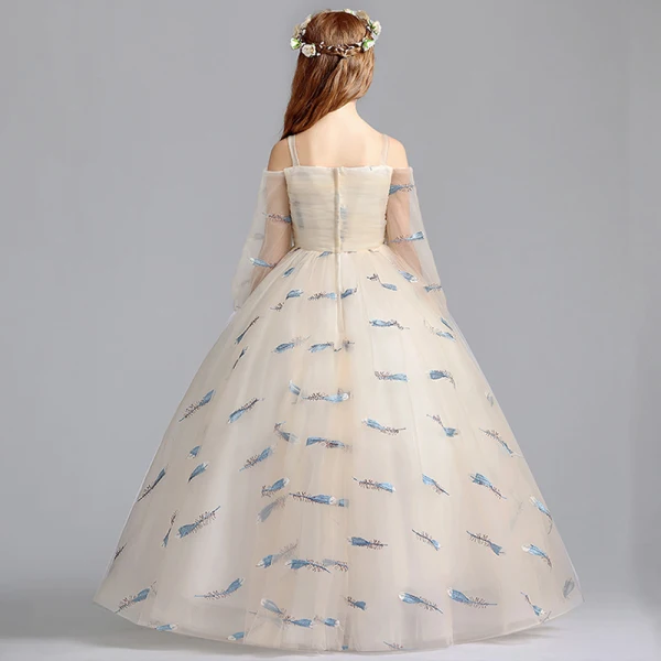 Lovely Champagne Flower Girl Dresses 2019 A-Line / Princess Off-The-Shoulder Shoulders 3/4 Sleeve Embroidered Floor-Length / Long Ruffle Wedding Party Dresses
