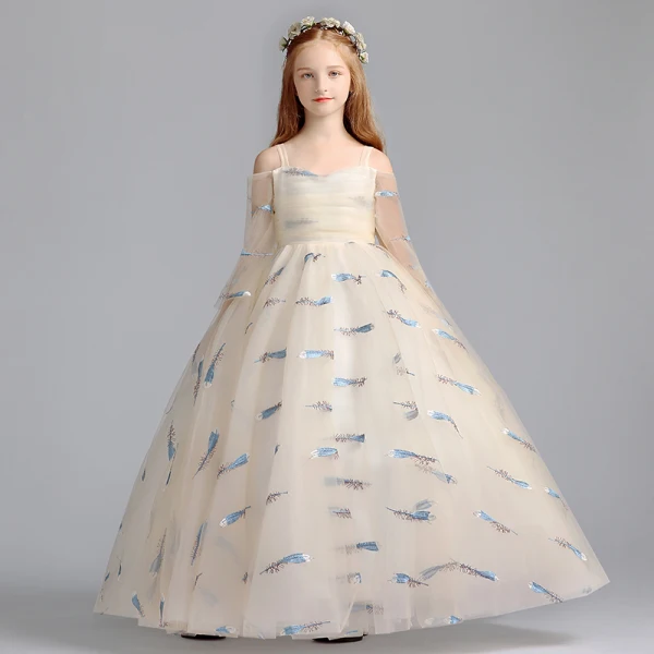 Lovely Champagne Flower Girl Dresses 2019 A-Line / Princess Off-The-Shoulder Shoulders 3/4 Sleeve Embroidered Floor-Length / Long Ruffle Wedding Party Dresses