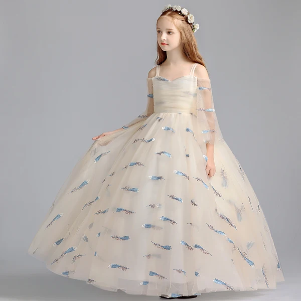 Lovely Champagne Flower Girl Dresses 2019 A-Line / Princess Off-The-Shoulder Shoulders 3/4 Sleeve Embroidered Floor-Length / Long Ruffle Wedding Party Dresses