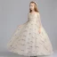 Lovely Champagne Flower Girl Dresses 2019 A-Line / Princess Off-The-Shoulder Shoulders 3/4 Sleeve Embroidered Floor-Length / Long Ruffle Wedding Party Dresses