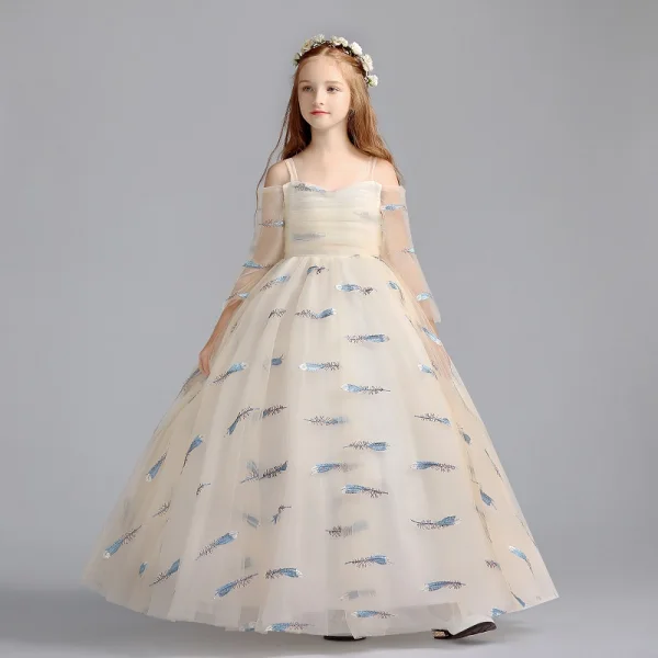 Lovely Champagne Flower Girl Dresses 2019 A-Line / Princess Off-The-Shoulder Shoulders 3/4 Sleeve Embroidered Floor-Length / Long Ruffle Wedding Party Dresses
