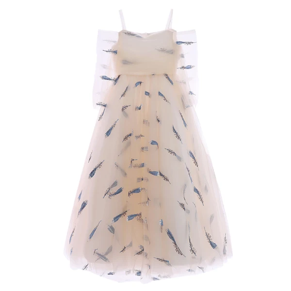 Lovely Champagne Flower Girl Dresses 2019 A-Line / Princess Off-The-Shoulder Shoulders 3/4 Sleeve Embroidered Floor-Length / Long Ruffle Wedding Party Dresses