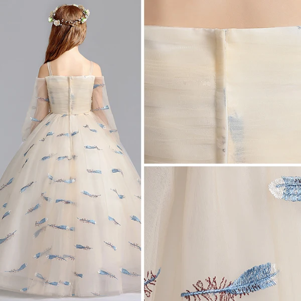 Lovely Champagne Flower Girl Dresses 2019 A-Line / Princess Off-The-Shoulder Shoulders 3/4 Sleeve Embroidered Floor-Length / Long Ruffle Wedding Party Dresses