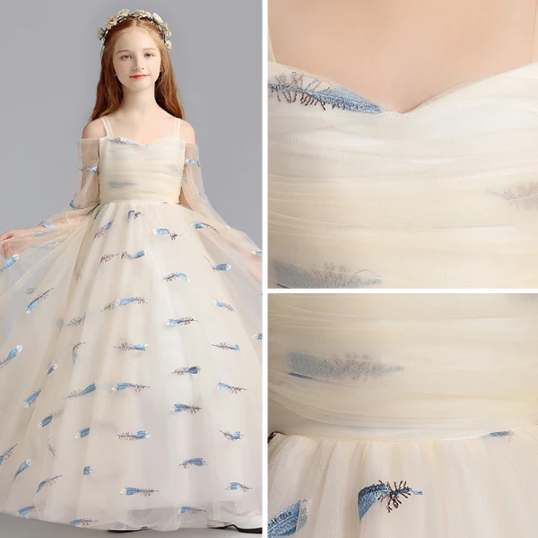 Lovely Champagne Flower Girl Dresses 2019 A-Line / Princess Off-The-Shoulder Shoulders 3/4 Sleeve Embroidered Floor-Length / Long Ruffle Wedding Party Dresses