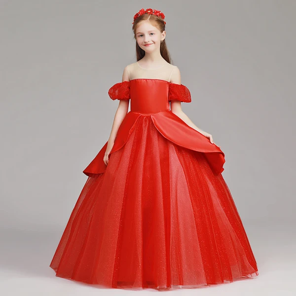 Bling Bling Red See-through Flower Girl Dresses 2019 A-Line / Princess Scoop Neck Short Sleeve Glitter Tulle Floor-Length / Long Ruffle Wedding Party Dresses