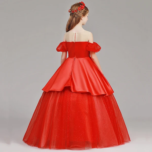 Bling Bling Red See-through Flower Girl Dresses 2019 A-Line / Princess Scoop Neck Short Sleeve Glitter Tulle Floor-Length / Long Ruffle Wedding Party Dresses