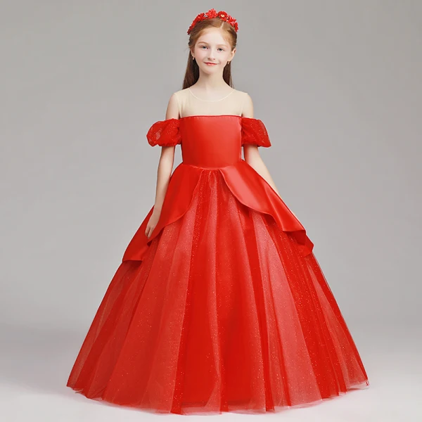 Bling Bling Red See-through Flower Girl Dresses 2019 A-Line / Princess Scoop Neck Short Sleeve Glitter Tulle Floor-Length / Long Ruffle Wedding Party Dresses