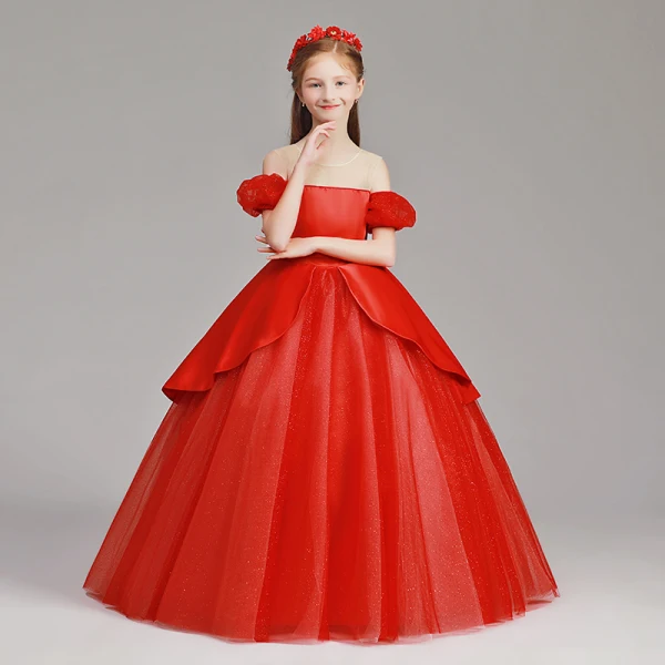 Bling Bling Red See-through Flower Girl Dresses 2019 A-Line / Princess Scoop Neck Short Sleeve Glitter Tulle Floor-Length / Long Ruffle Wedding Party Dresses