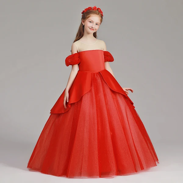 Bling Bling Red See-through Flower Girl Dresses 2019 A-Line / Princess Scoop Neck Short Sleeve Glitter Tulle Floor-Length / Long Ruffle Wedding Party Dresses