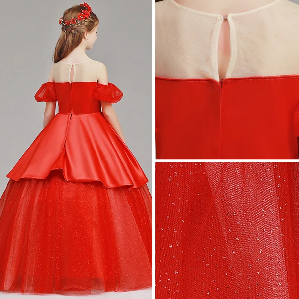 Bling Bling Red See-through Flower Girl Dresses 2019 A-Line / Princess Scoop Neck Short Sleeve Glitter Tulle Floor-Length / Long Ruffle Wedding Party Dresses