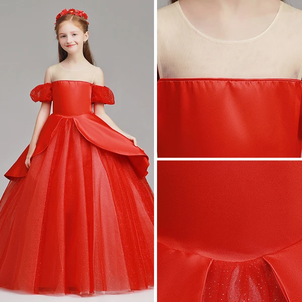 Bling Bling Red See-through Flower Girl Dresses 2019 A-Line / Princess Scoop Neck Short Sleeve Glitter Tulle Floor-Length / Long Ruffle Wedding Party Dresses