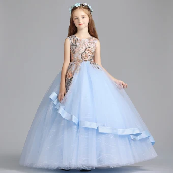Chic Belle Bleu Ciel Robe Ceremonie Fille 2019 Princesse Encolure Dégagée Sans Manches Brodé Fleur Perle Paillettes Longue Volants Robe Pour Mariage