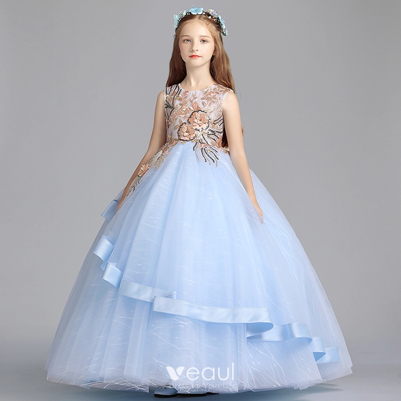 Hermoso Azul Cielo Vestidos para ni as 2019 A Line Princess