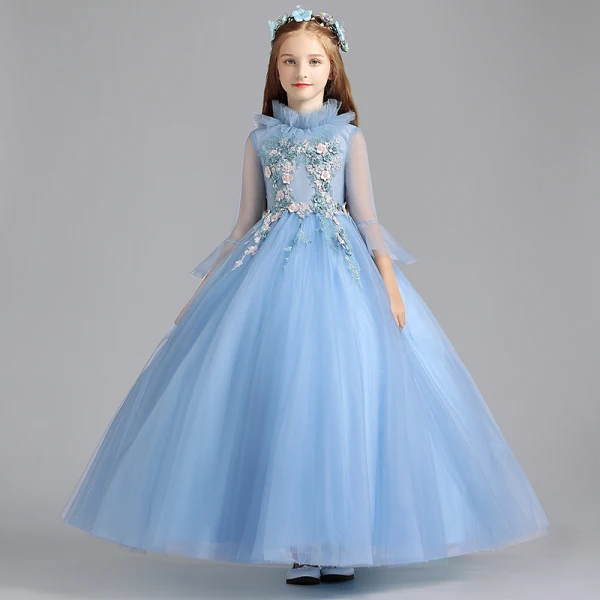 Vintage / Retro Pool Blue Flower Girl Dresses 2019 A-Line / Princess High Neck Bell sleeves Appliques Lace Pearl Floor-Length / Long Ruffle Wedding Party Dresses