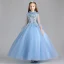Vintage / Retro Pool Blue Flower Girl Dresses 2019 A-Line / Princess High Neck Bell sleeves Appliques Lace Pearl Floor-Length / Long Ruffle Wedding Party Dresses