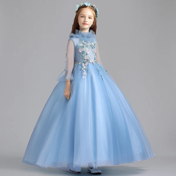 Vintage / Retro Pool Blue Flower Girl Dresses 2019 A-Line / Princess High Neck Bell sleeves Appliques Lace Pearl Floor-Length / Long Ruffle Wedding Party Dresses